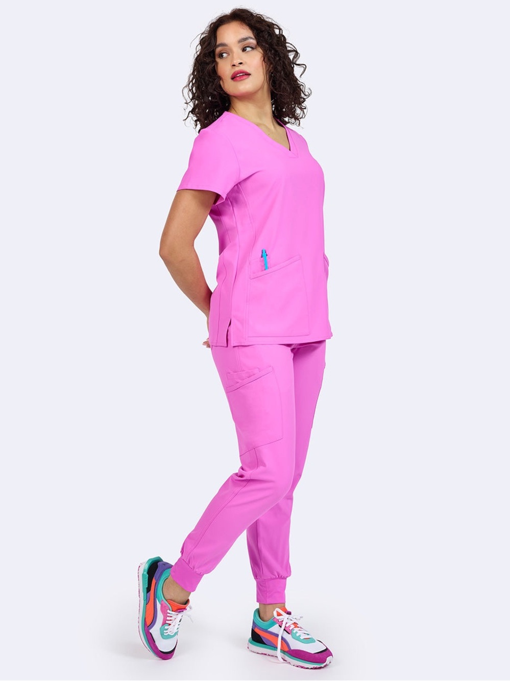 Zavate Studio Bright Fuchsia V-Neck Scrub Top and Elastic Waist Pants